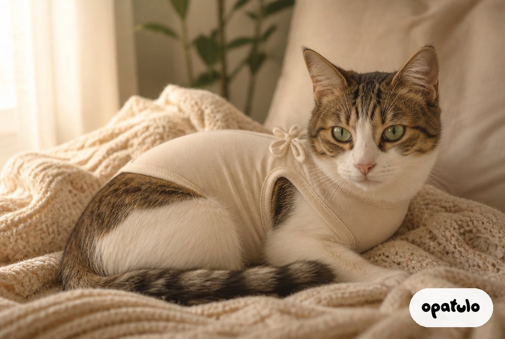 A cat in a post-surgery recovery suit resting on a blanket