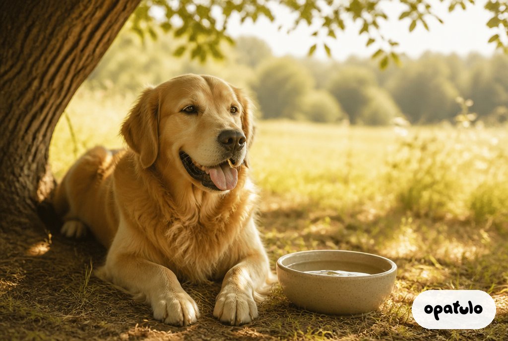 Golden retriever resting in the shade next to a bowl of water
